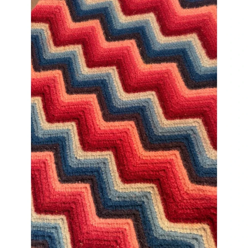 Handmade Crochet Chevron Throw Blanket Pink Blue White Afghan 41x39